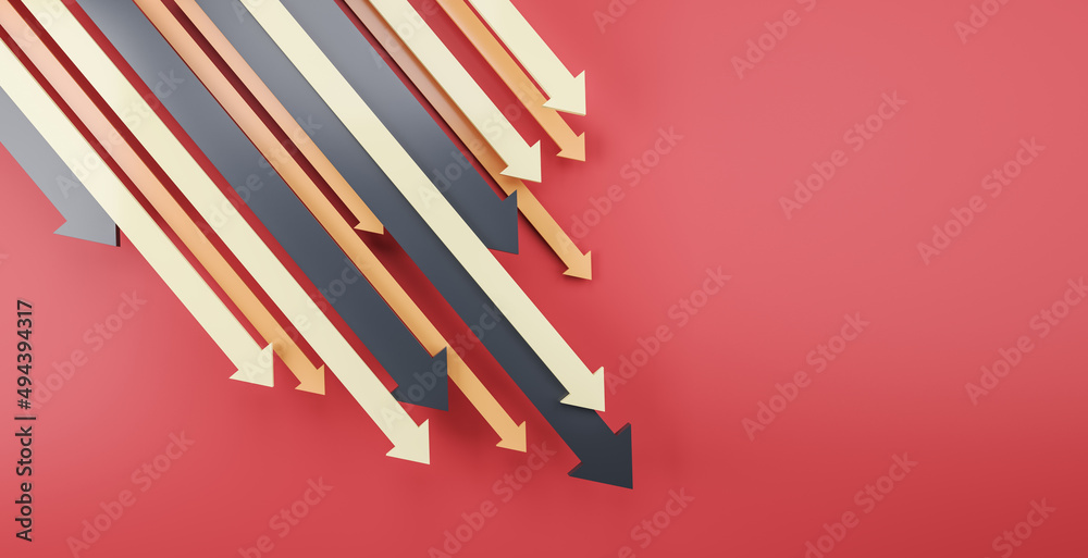 Poster Downward chart arrows on red background with mock up place. Down, drop, finance and crisis concept. 3D Rendering.