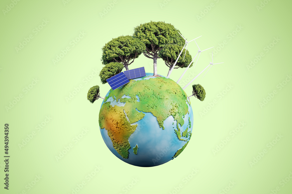 Poster creative globe with trees and solar panels on green background. energy and sustainable concept. 3d r