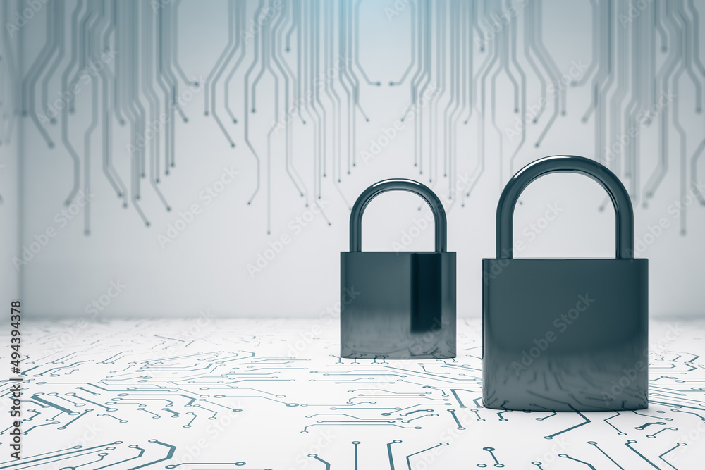Poster Creative padlock on circuit lines in concrete interior with mock up place. Privacy and technology concept. 3D Rendering.