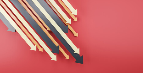 Downward chart arrows on red background with mock up place. Down, drop, finance and crisis concept. 3D Rendering.