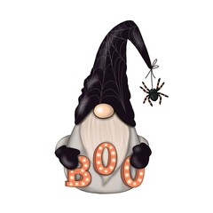 Halloween Gnome With Sign Boo Hand Drawn Illustration	