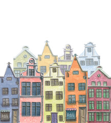Watercolor illustration of a composition of cute old town houses.