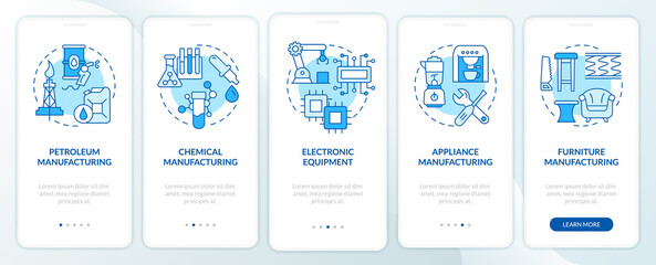 Fototapeta na wymiar Production sub sectors blue onboarding mobile app screen. Manufacturing walkthrough 5 steps graphic instructions pages with linear concepts. UI, UX, GUI template. Myriad Pro-Bold, Regular fonts used