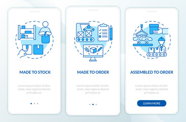 Types of products blue onboarding mobile app screen. Manufacturing walkthrough 3 steps graphic instructions pages with linear concepts. UI, UX, GUI template. Myriad Pro-Bold, Regular fonts used