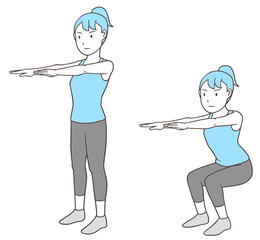 ヒンズースクワットで大腿四頭筋と臀筋を鍛える女性、手を前にしてしゃがむ、立ち上がる、シンプルな色