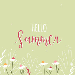 Hello summer. Green vector banner with pink and white spring flowers