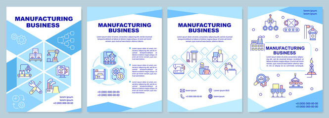 Manufacturing business brochure template. Production of goods. Leaflet design with linear icons. 4 vector layouts for presentation, annual reports. Arial-Black, Myriad Pro-Regular fonts used