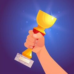 Winner is holding a goblet in hand, idea of achievement, leadership, victory, success. Champion cup, trophy. Golden prize.
