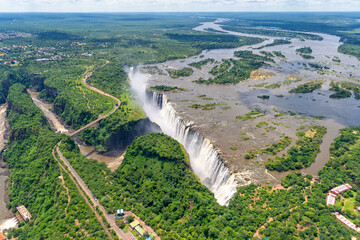 Aerial view of Victoria waterfalls at high water, Zimbabwe