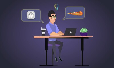 Man at work thinks about lunch and food and pizza. Have a bite of pizza. Time to eat. Lunch time