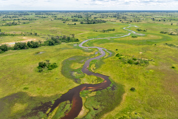 The Okavango Delta from the air with little water in the Okavango, Botswana