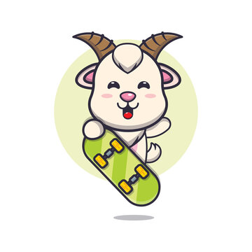 cute goat mascot cartoon character with skateboard