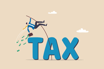 Overcome tax problem, expert advice for taxation or financial challenge concept, confidence businessman holding money briefcase pole vault jump over the word TAX. - obrazy, fototapety, plakaty
