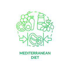 Mediterranean diet green gradient concept icon. Mediterranean sea countries cuisine. Trendy diets abstract idea thin line illustration. Isolated outline drawing. Myriad Pro-Bold font used