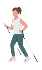 Woman using trekking poles in trail running semi flat color vector character. Running figure. Full body person on white. Simple cartoon style illustration for web graphic design and animation