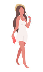 Girl walking barefoot and enjoying summer flower semi flat color vector character. Posing figure. Full body person on white. Simple cartoon style illustration for web graphic design and animation