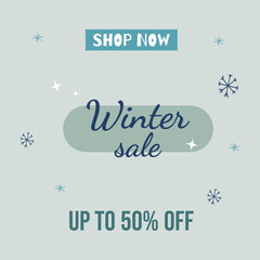 Winter holiday sale banner up to 50 percent  off  with snowflakes and decorative elements in sky color.  Poster discount. Flat vector illustration