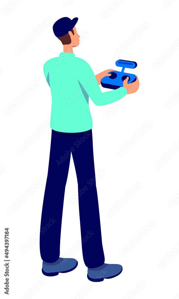 Poster man using using remote control for drone semi flat color vector character. standing figure. full bod