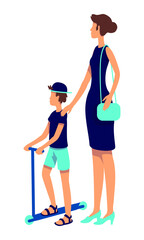 Stylish woman with young boy semi flat color vector characters. Full body people on white. Kid with kick scooter and mother simple cartoon style illustration for web graphic design and animation