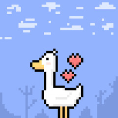white duck character illustration. fanny, cute, and adorable. animal or poultry. pixel art. 8 bits. vector design. elements, ui, games, icons
