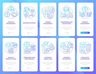 Business development blue gradient onboarding mobile app screen set. Walkthrough 5 steps graphic instructions pages with linear concepts. UI, UX, GUI template. Myriad Pro-Bold, Regular fonts used