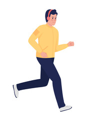 Smiling male athlete with earphones semi flat color vector character. Running figure. Full body person on white. Sportsperson simple cartoon style illustration for web graphic design and animation