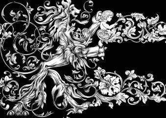 Fototapeta na wymiar Seamless pattern, background In baroque, rococo, victorian, renaissance style. Trendy frolar vintage pattern. In white and black vector illustration