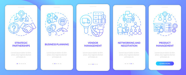 Business development ways blue gradient onboarding mobile app screen. Walkthrough 5 steps graphic instructions pages with linear concepts. UI, UX, GUI template. Myriad Pro-Bold, Regular fonts used