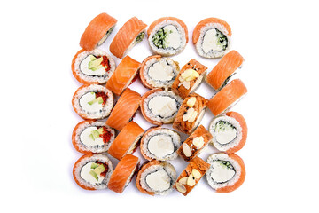 Sushi set with philadelphia cheese, salmon, avocado and almond flakes on a white background