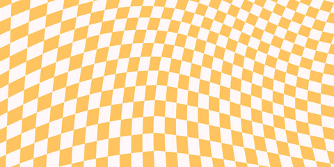 Checkered horizontal background with distorted yellow and white squares. Trendy abstract banner with distortion. Vector illustration