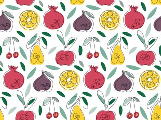 Fruit seamless pattern. Continuous one line drawing fruits and cherry on bright colored spots. Abstract hand drawn fruits and berries by one line. Fashionable Food template for textile, wallpaper.