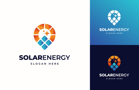 Pin point direction solar tech energy vector logo design, Creative simple photovoltaic panel electricity technology logo design