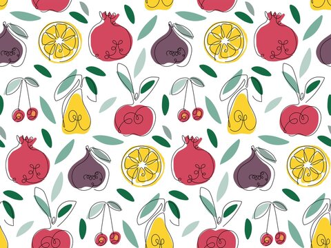 Fruit seamless pattern. Continuous one line drawing fruits and cherry on bright colored spots. Abstract hand drawn fruits and berries by one line. Fashionable Food template for textile, wallpaper.