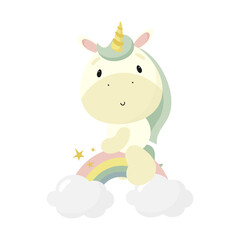 Magic Unicorn on the Rainbow. For kids stuff, card, posters, banners, books, printing on the pack, printing on clothes, fabric, wallpaper, textile or dishes. Vector illustration.
