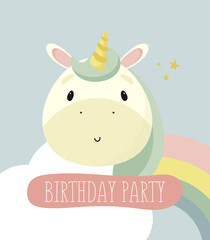 Birthday Party, Greeting Card, Party Invitation. Kids illustration with Cute Magic Unicorn. Vector illustration in cartoon style.