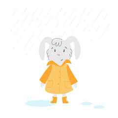 A gray bunny in an orange raincoat in the rain. Cute pets. Vector illustration with hand-drawn style on white background