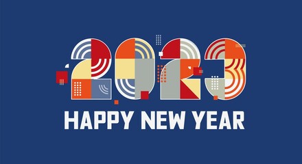 Banner happy new year vector 2023 on a blue background. vector concept of the ornament, geometric pattern of 2023. Decoration of festive rooms. Inscription 2023 vector concept