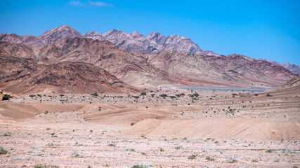 Mountains between the city of Aqaba and the Wadi Rum Protected Area near the Jordan-Saudi border. Tutun, Jordan.