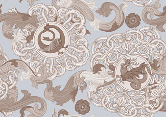 Medieval mythical animals, illuminati manuscript inspiration, romanesque style. Seamless pattern, background. Vector illustration.