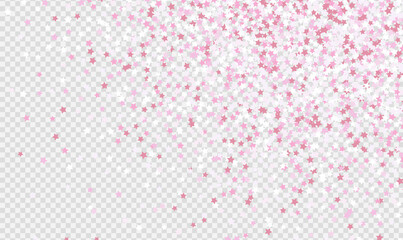 Pink stars confetti scattered on transparent background. Pink and White glitter particles on transparent background. Glow sparkles. Holidays concept with copy space. Vector EPS10
