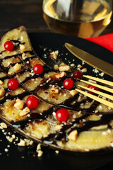 Concept of tasty food with grilled banana, close up