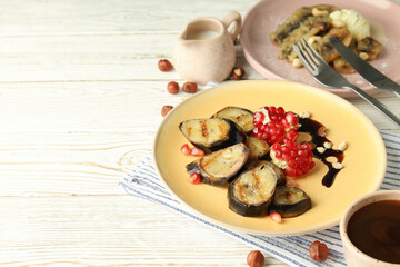 Concept of tasty food with grilled banana, space for text