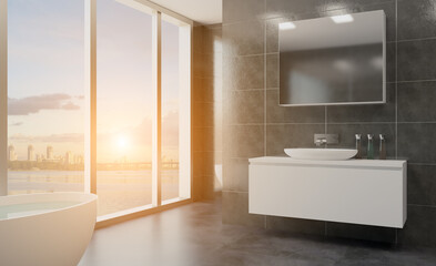 Fototapeta na wymiar Spacious bathroom in gray tones with heated floors, freestanding tub. 3D rendering.. Sunset.