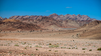 Mountains between the city of Aqaba and the Wadi Rum Protected Area near the Jordan-Saudi border. Tutun, Jordan.