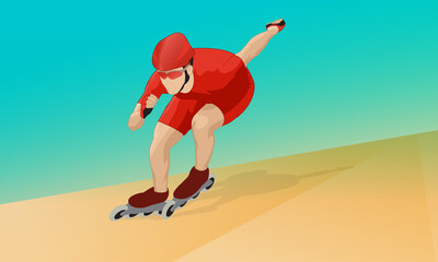 An athlete on roller skates in a red tracksuit with a protective helmet on his head runs along the track.