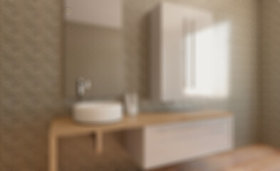 Clean and fresh bathroom with natural light. 3D rendering.. Abstract blur phototography.