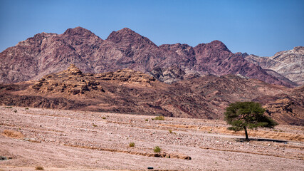 Mountains between the city of Aqaba and the Wadi Rum Protected Area near the Jordan-Saudi border. Tutun, Jordan.