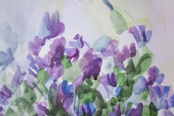 Blooming wisteria bush painting. Spring flowers background. Watercolor texture wallpaper. Naturalness concept. Brush strokes surface.