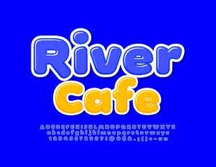Fototapeta na wymiar Vector colorful Emblem River Cafe. Modern Blue Font. Artistic Alphabet Letters and Numbers set