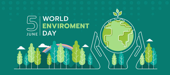 world environment day - abstract white line hand hold care globe world with tree sapling and forest, mountains and rainbow around on green background vector design - 494401520